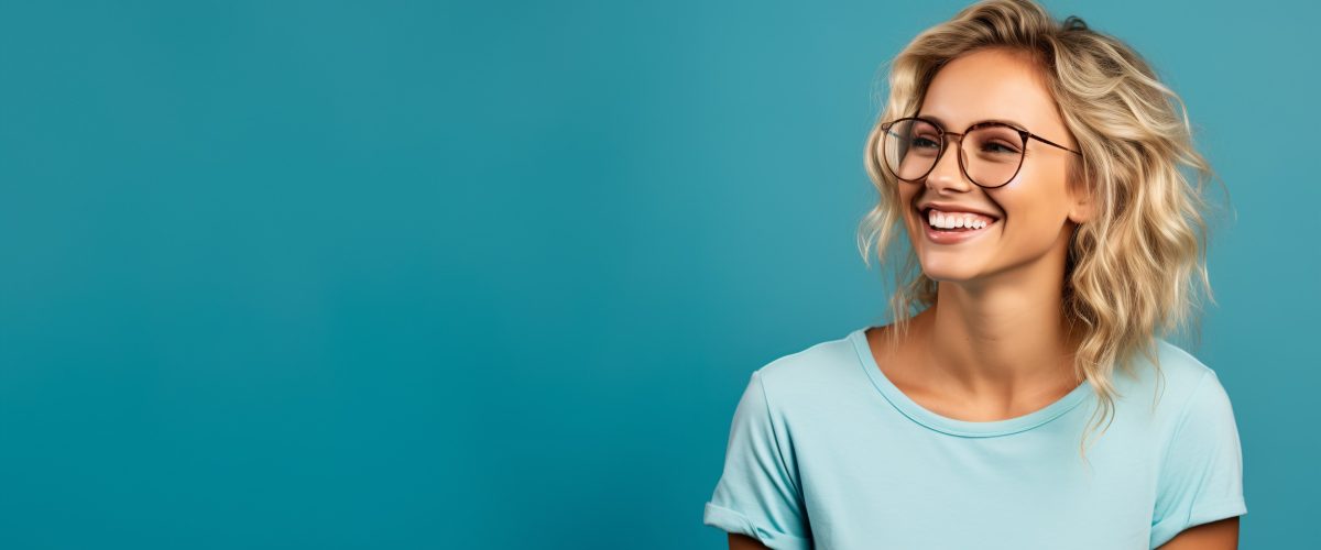 Attractive blond woman wearing blue tshirt and glasses. Isolated on blue background.